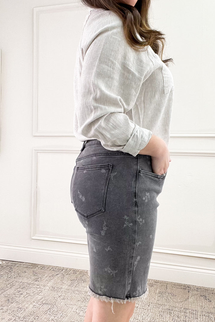 Printed Black Denim Bermuda Shorts