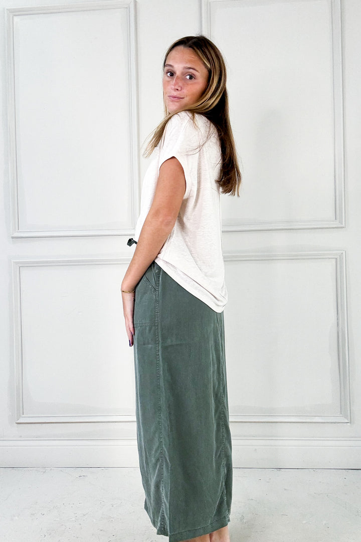 Tencel A-Line Elastic Drawstring Midi Skirt