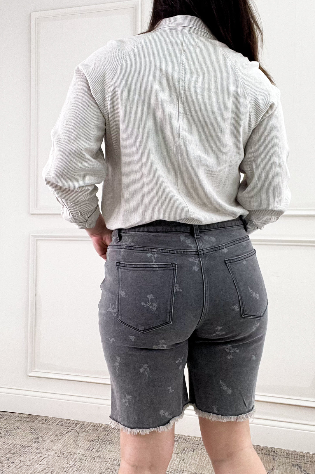 Printed Black Denim Bermuda Shorts