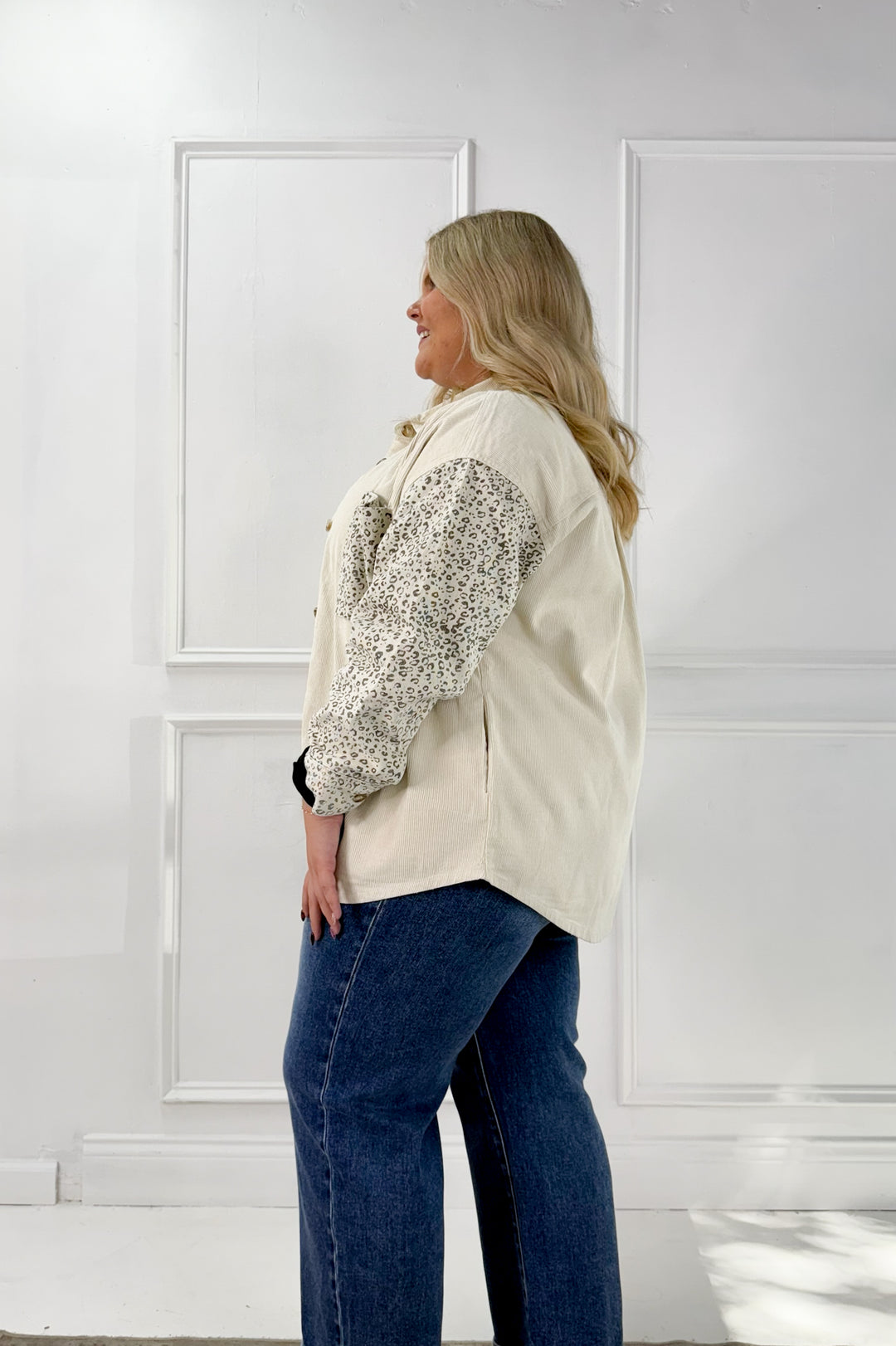 Corduroy & Animal Twill Mix Curvy Shacket