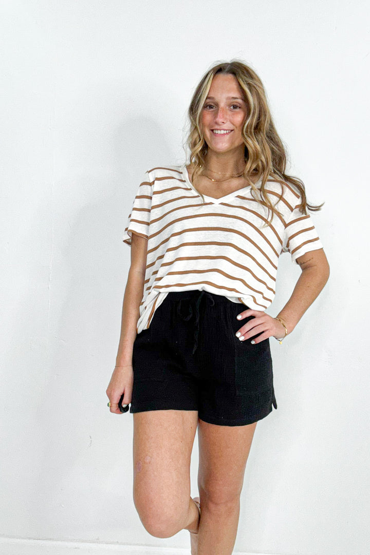 Linen Blend Stripe V-Neck Tee
