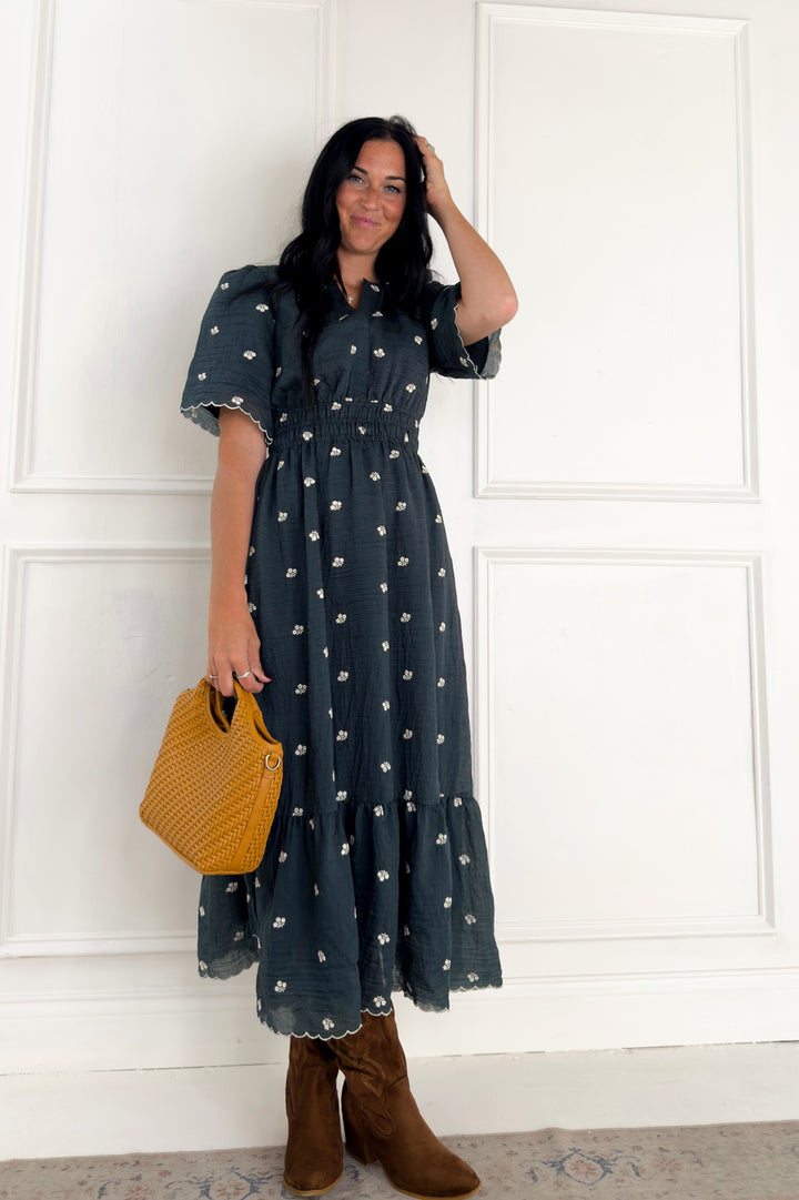 Embroidered Textured Ruffle Hem Midi Dress