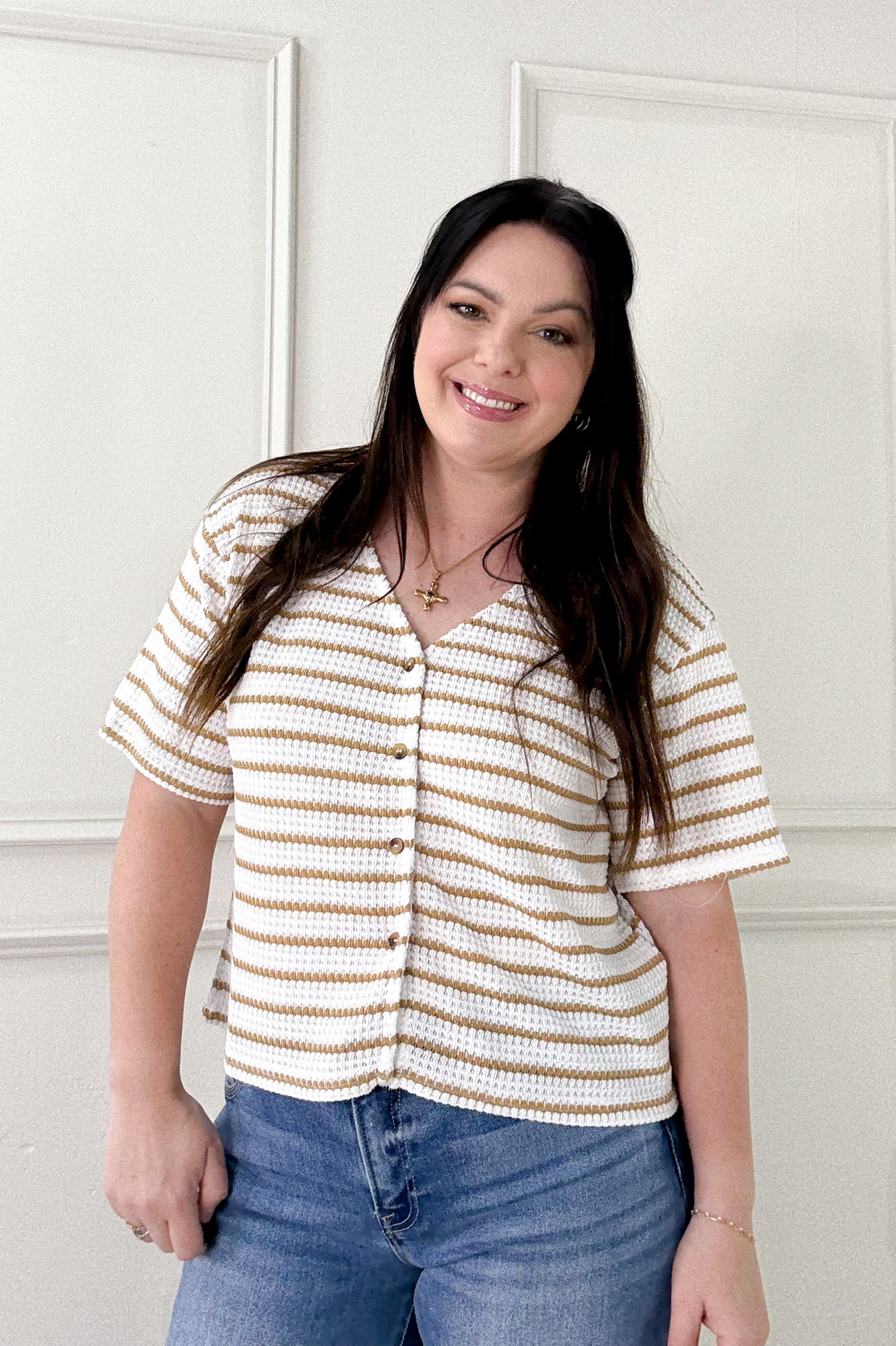 Button Front Textured Waffle Stripe Knit Top