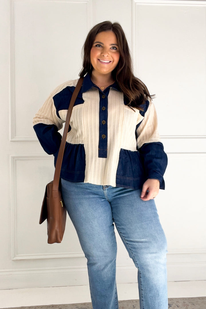 Denim Patchwork Button Down Waffle Knit Top