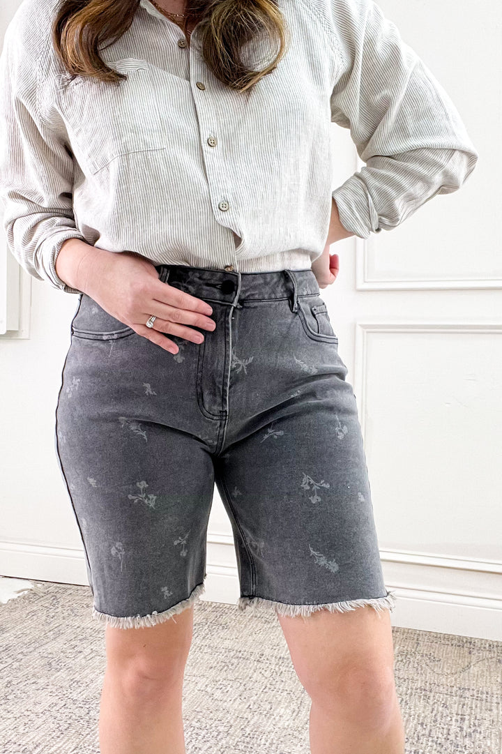 Printed Black Denim Bermuda Shorts