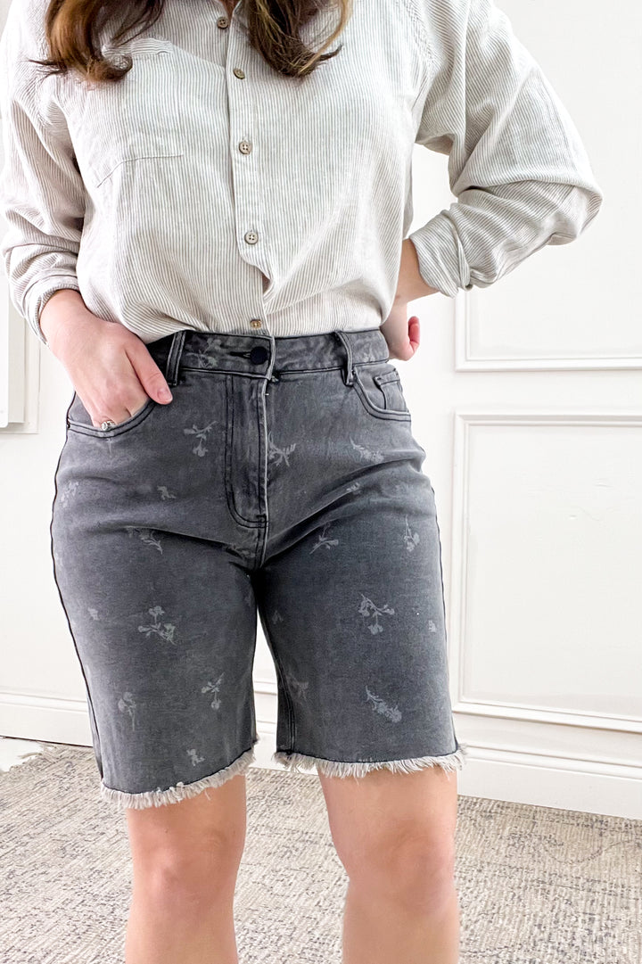Printed Black Denim Bermuda Shorts