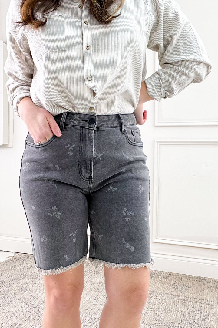 Printed Black Denim Bermuda Shorts