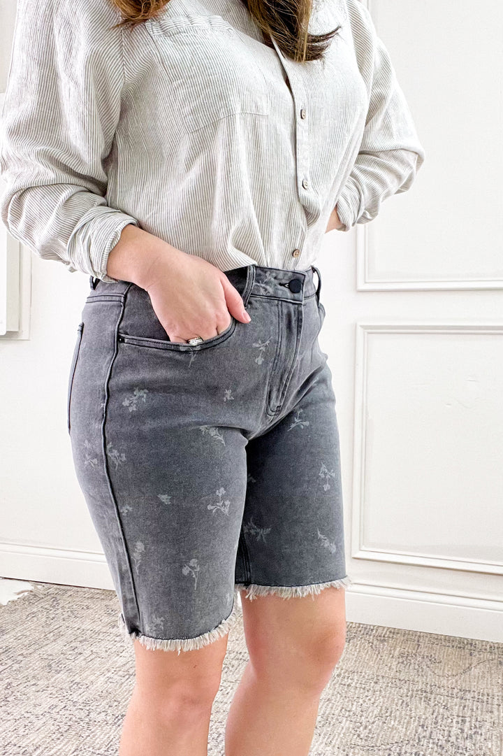 Printed Black Denim Bermuda Shorts