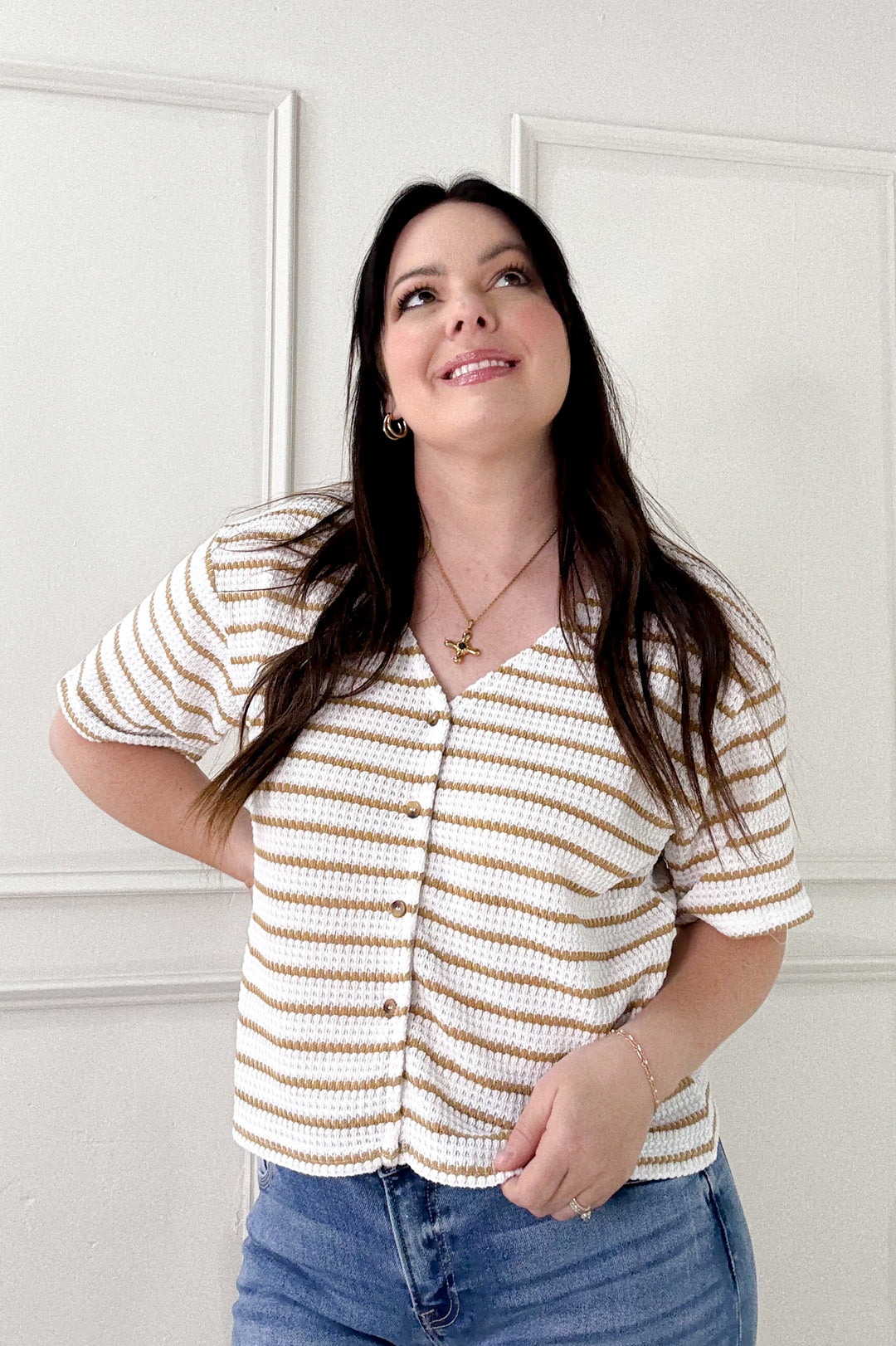 Button Front Textured Waffle Stripe Knit Top