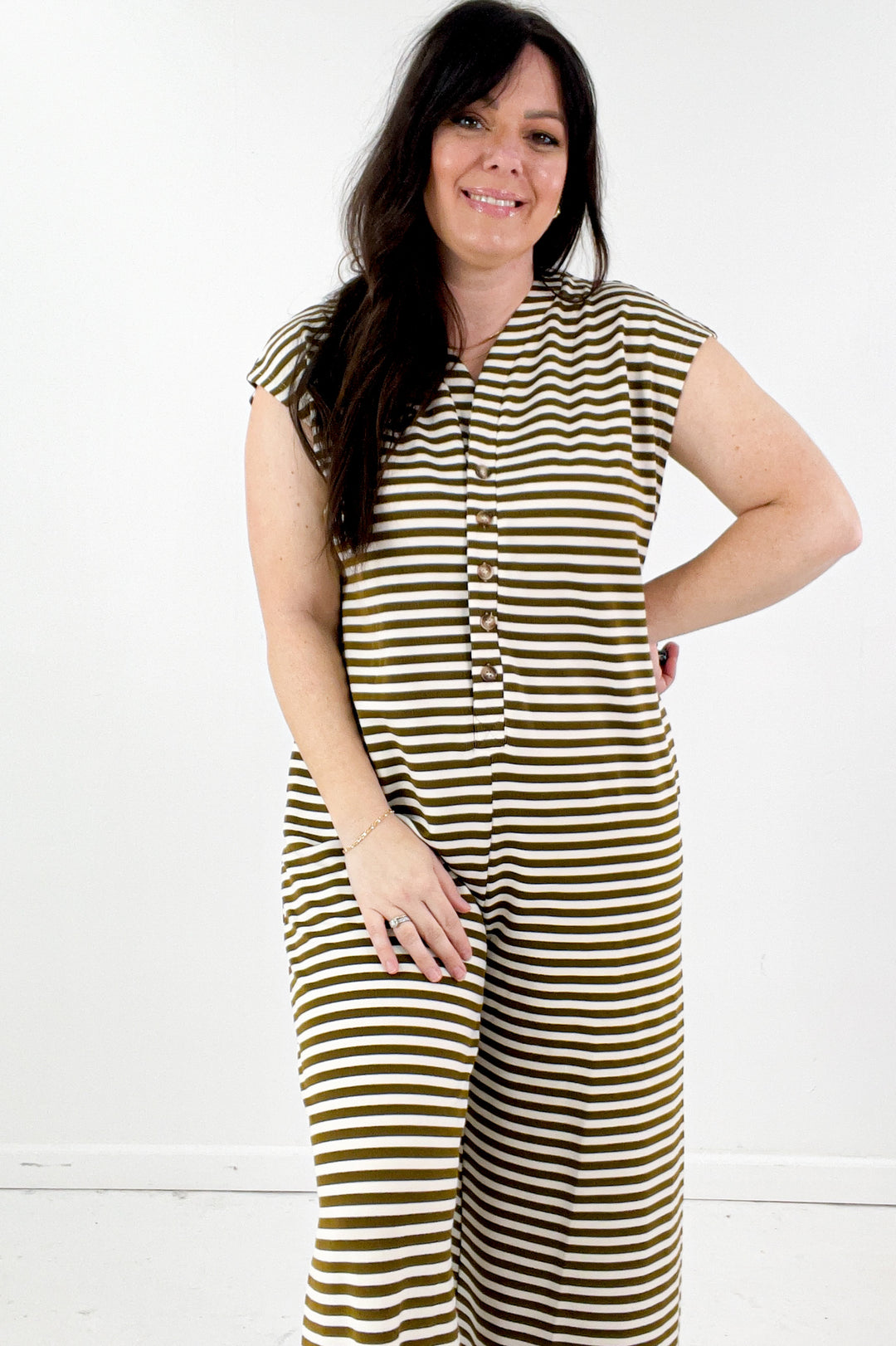 Wide Leg Stripe Button Down Jumpsuit