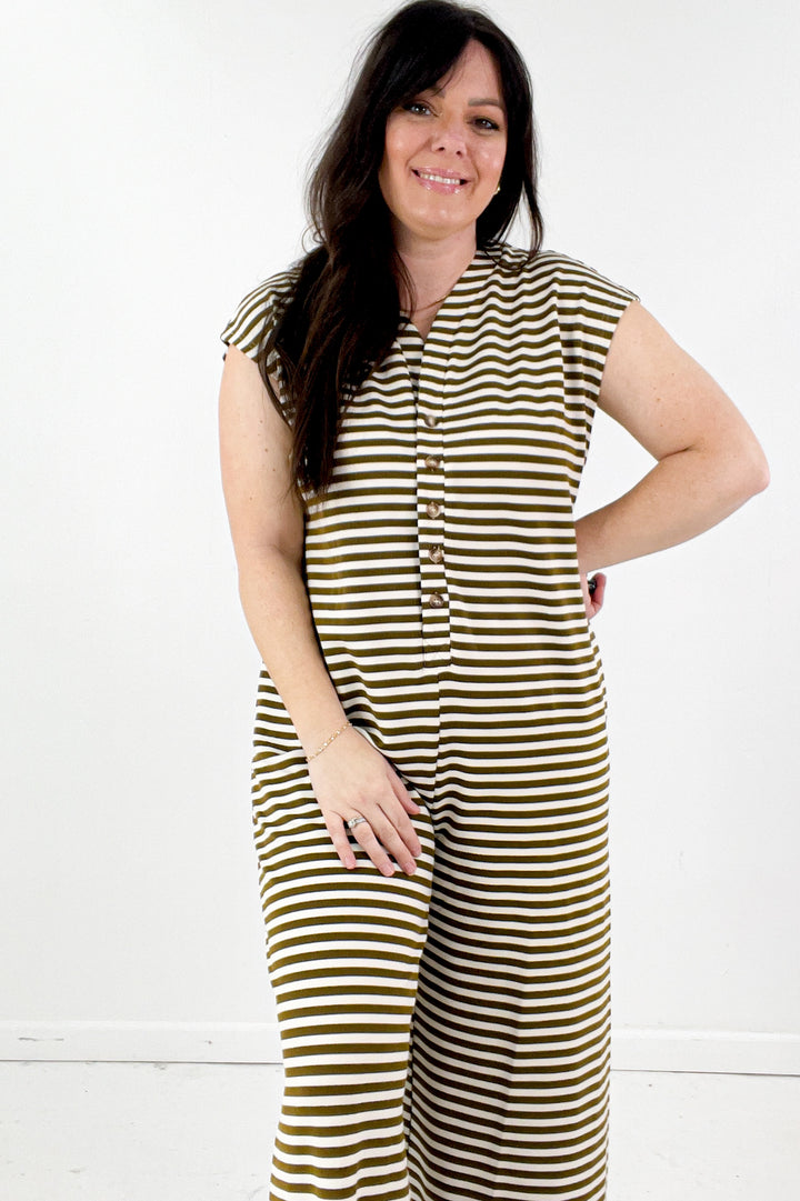 Wide Leg Stripe Button Down Jumpsuit