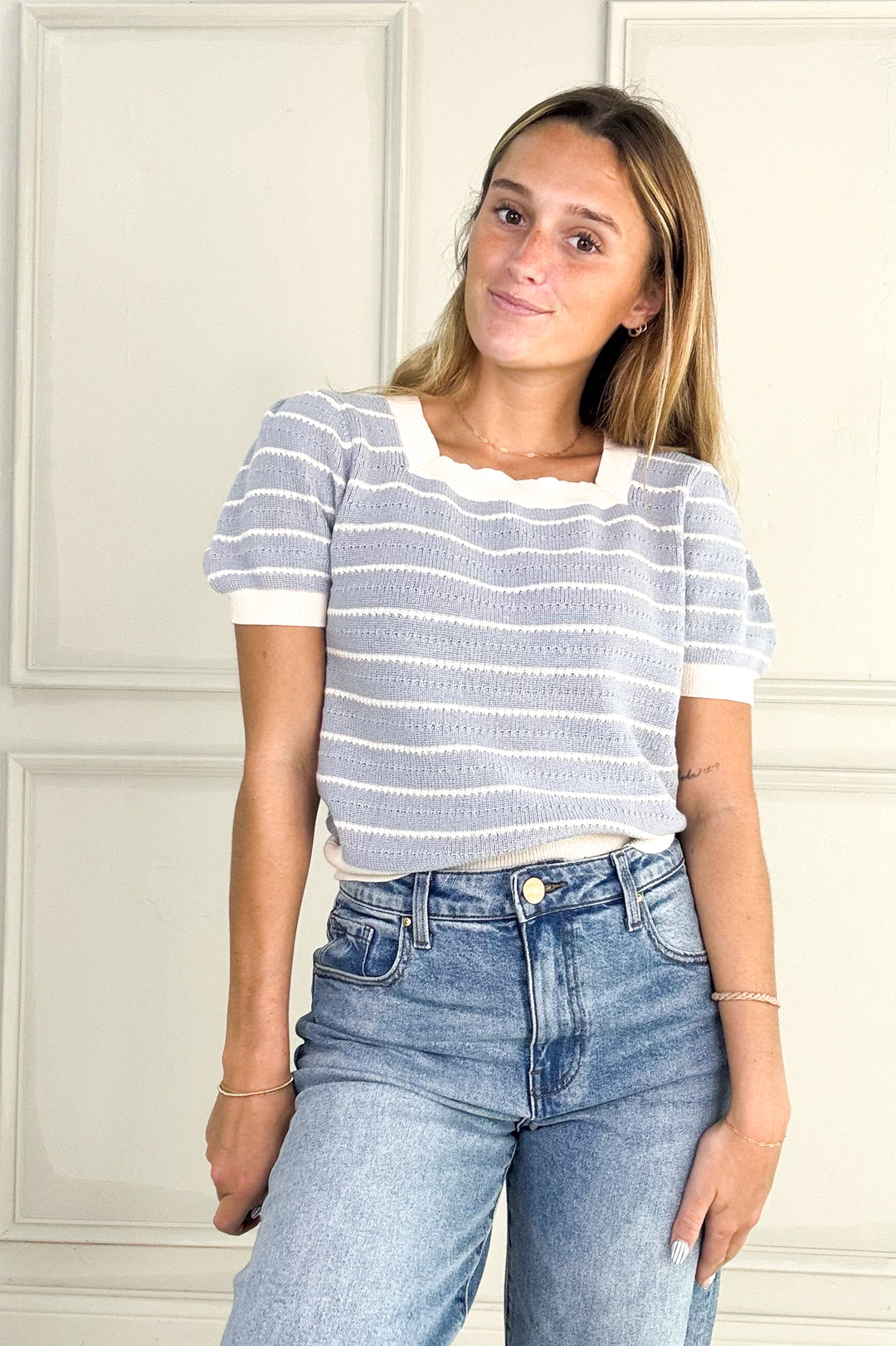 Square Neck Short Sleeve Stripe Top