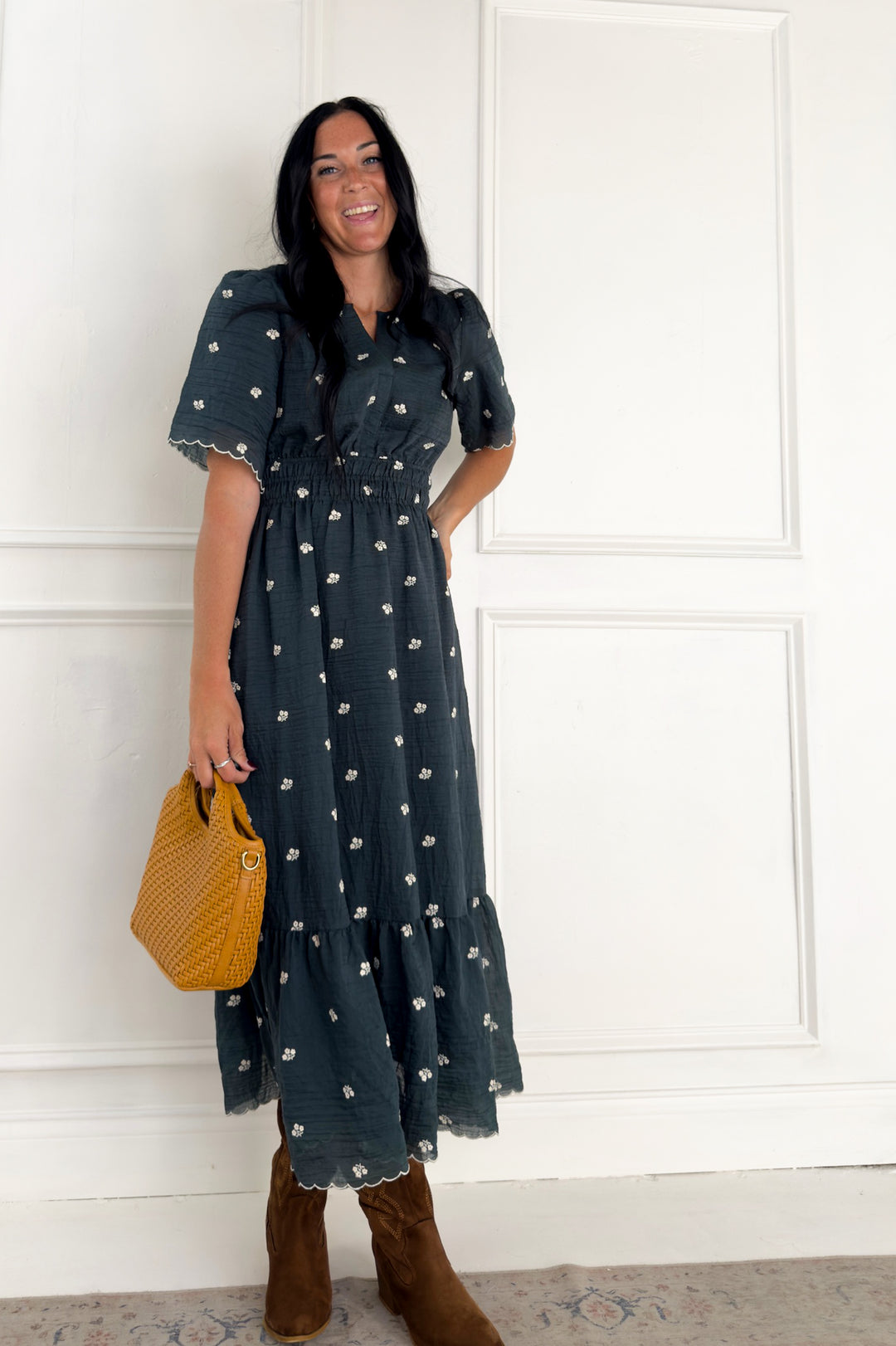 Embroidered Textured Ruffle Hem Midi Dress