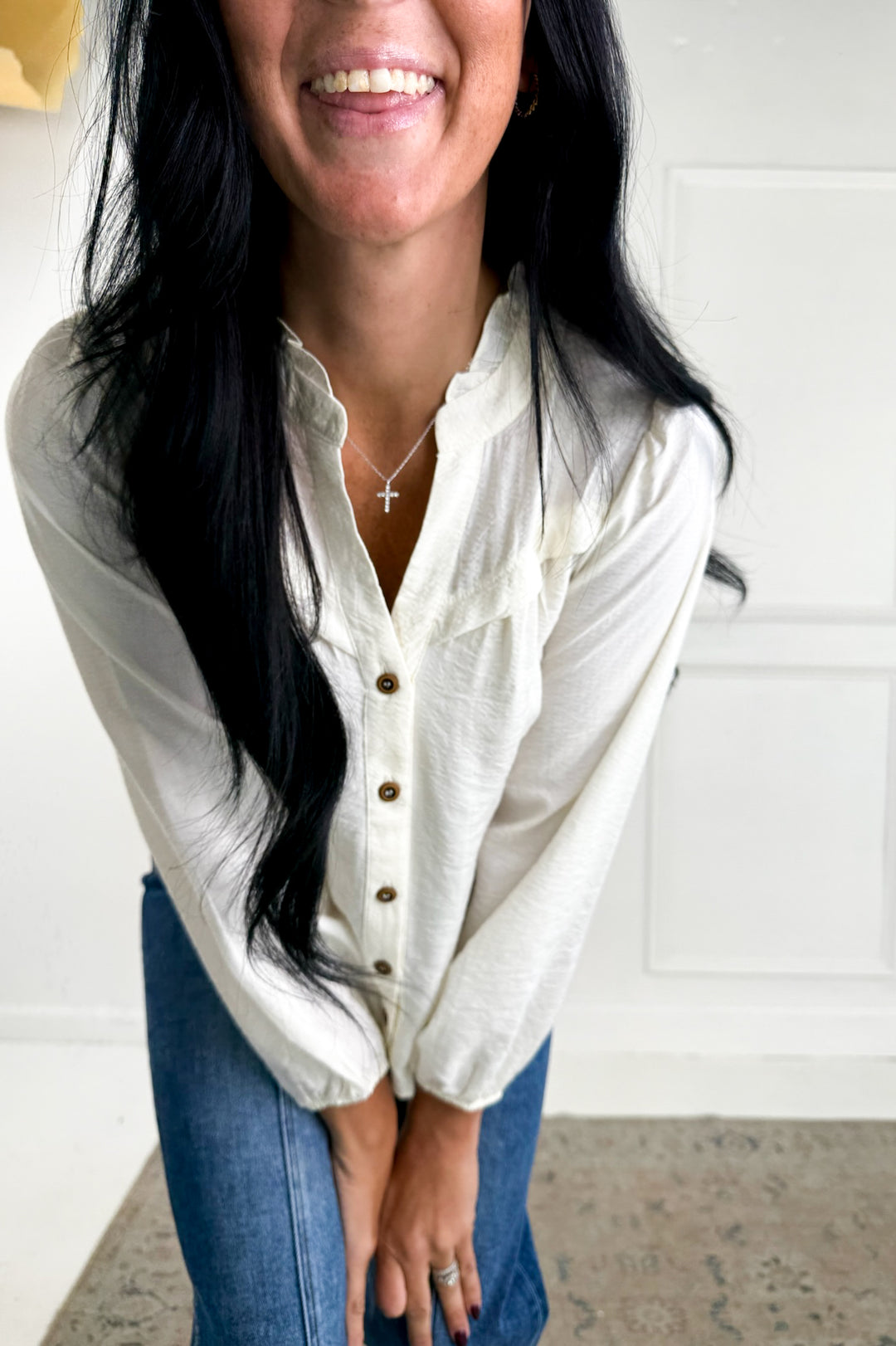 Ruffle Neck Button Down Long Sleeve Top