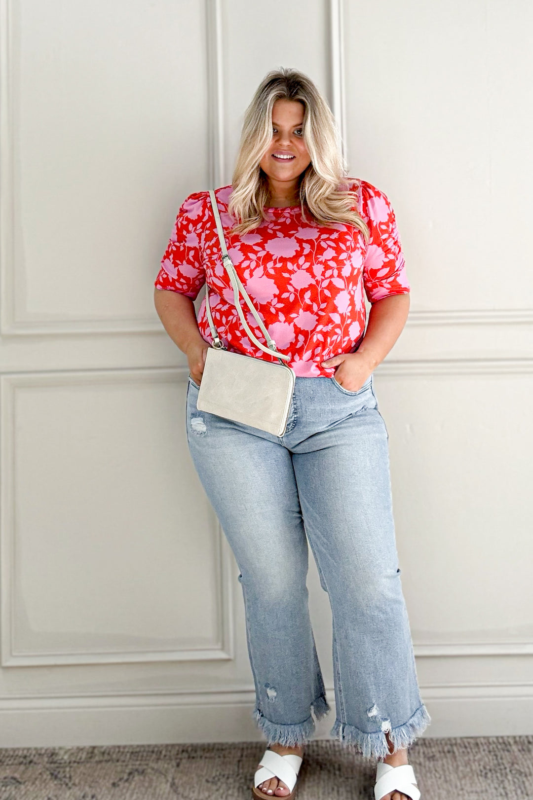 Bright Floral Shirring Detail Short Sleeve Curvy Top