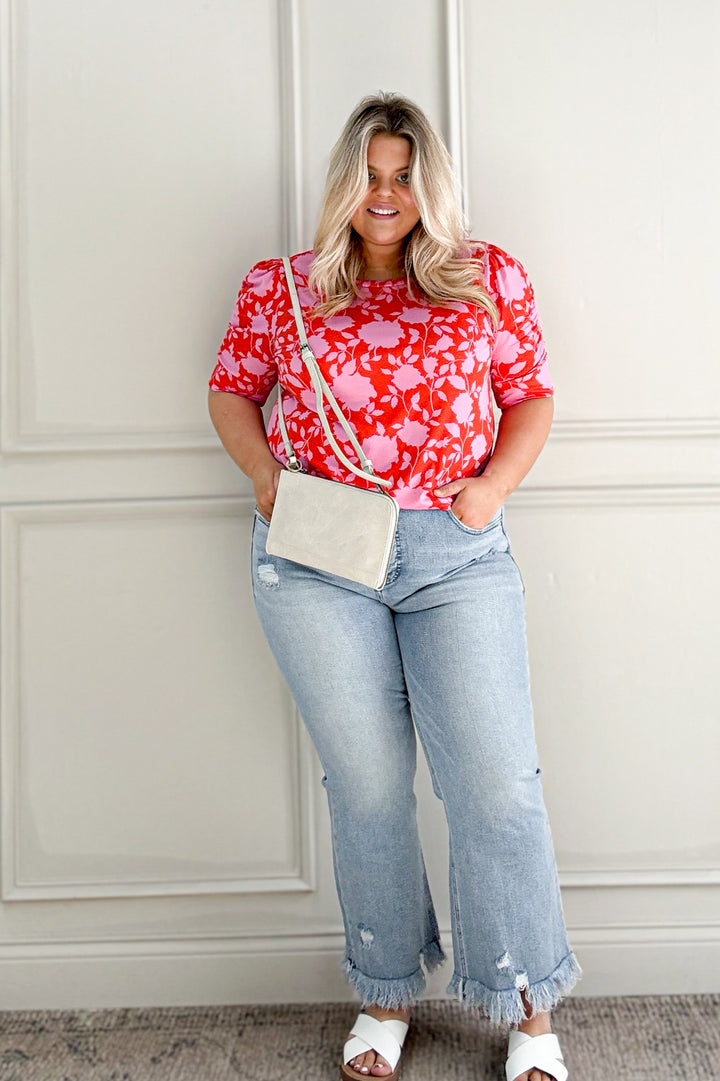 Bright Floral Shirring Detail Short Sleeve Curvy Top