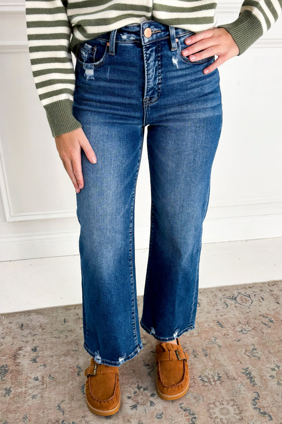 Risen Tummy Control High Rise Crop Wide Jeans