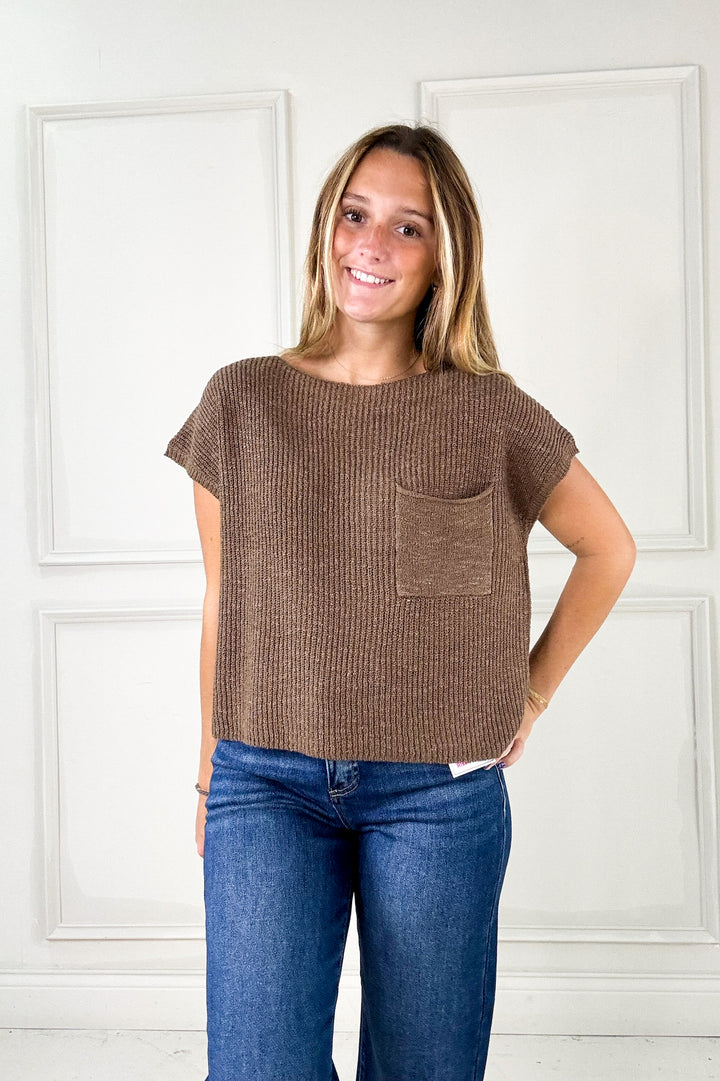 Patch Pocket Dolman Cap Sleeve Sweater Top