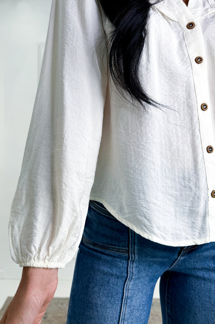 Ruffle Neck Button Down Long Sleeve Top