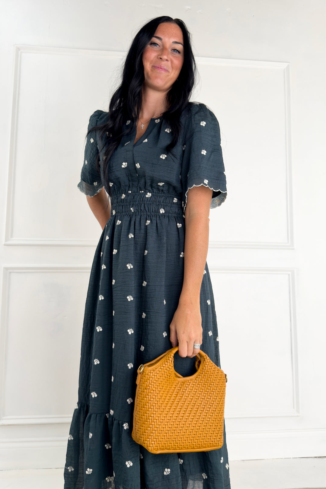 Embroidered Textured Ruffle Hem Midi Dress