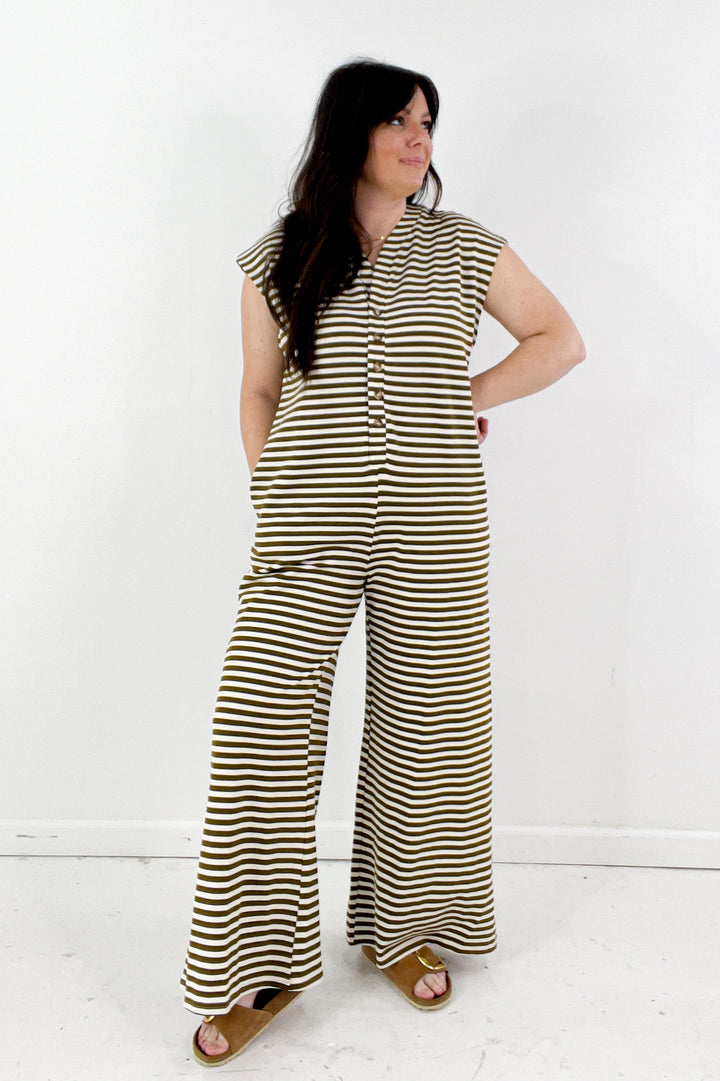 Wide Leg Stripe Button Down Jumpsuit