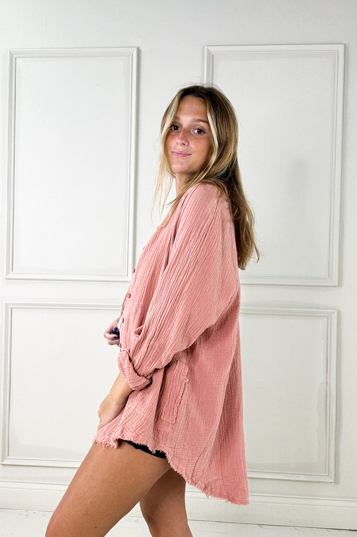 Raw Edge Oversized Button Down Pocket Top