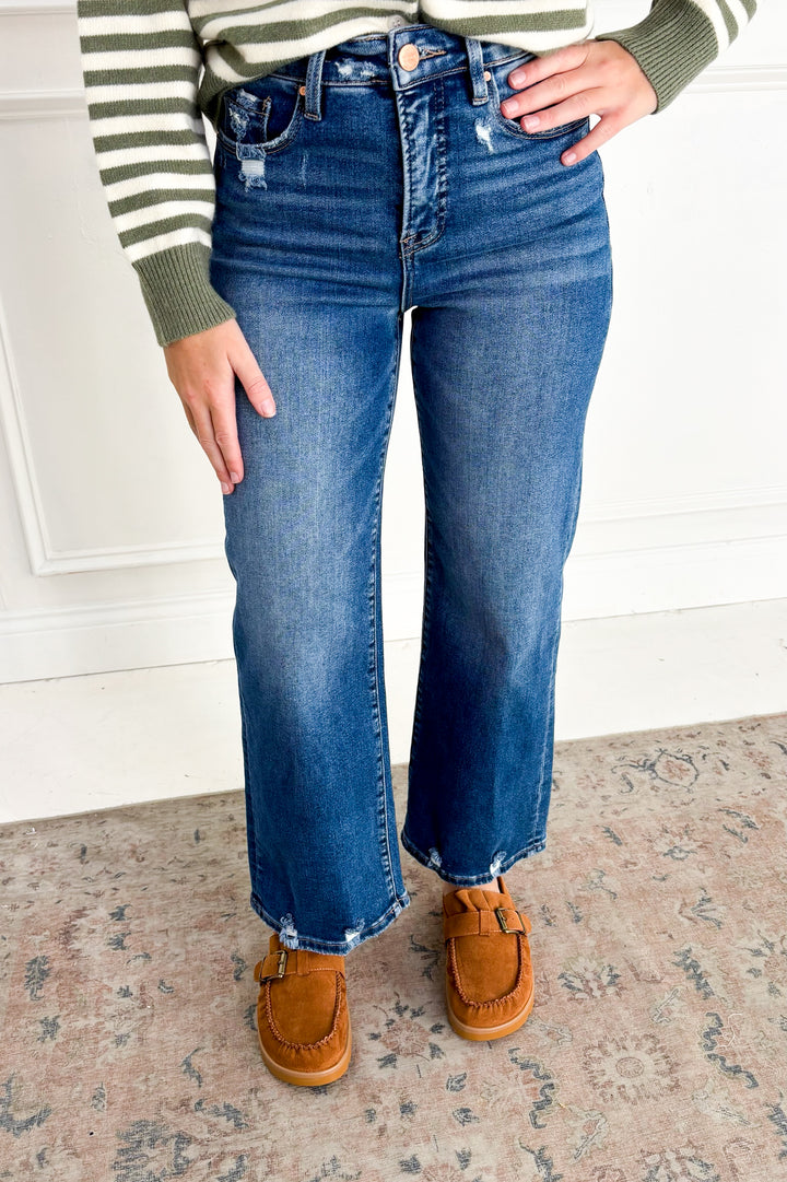Risen Tummy Control High Rise Crop Wide Jeans