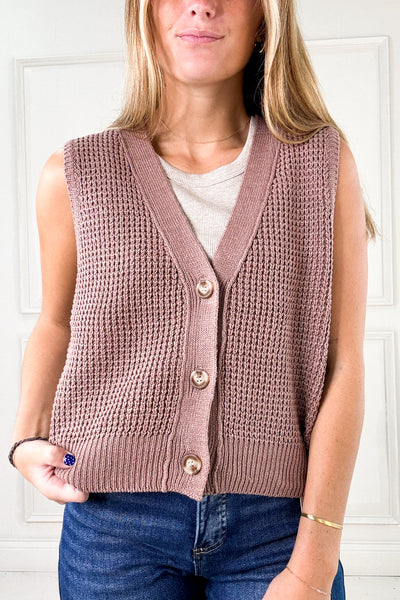 Accent Button Chunky Waffle Knit Sweater Vest
