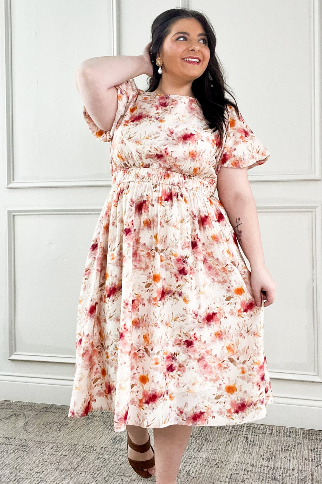 Textured Short Sleeve Floral Dress