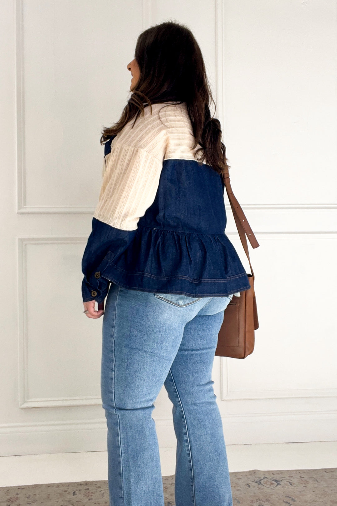 Denim Patchwork Button Down Waffle Knit Top