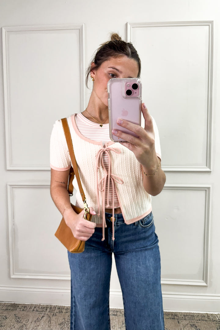 Ribbon Bow Tie Short Sleeve Cardigan