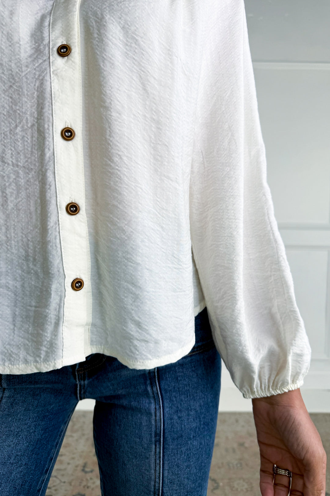 Ruffle Neck Button Down Long Sleeve Top