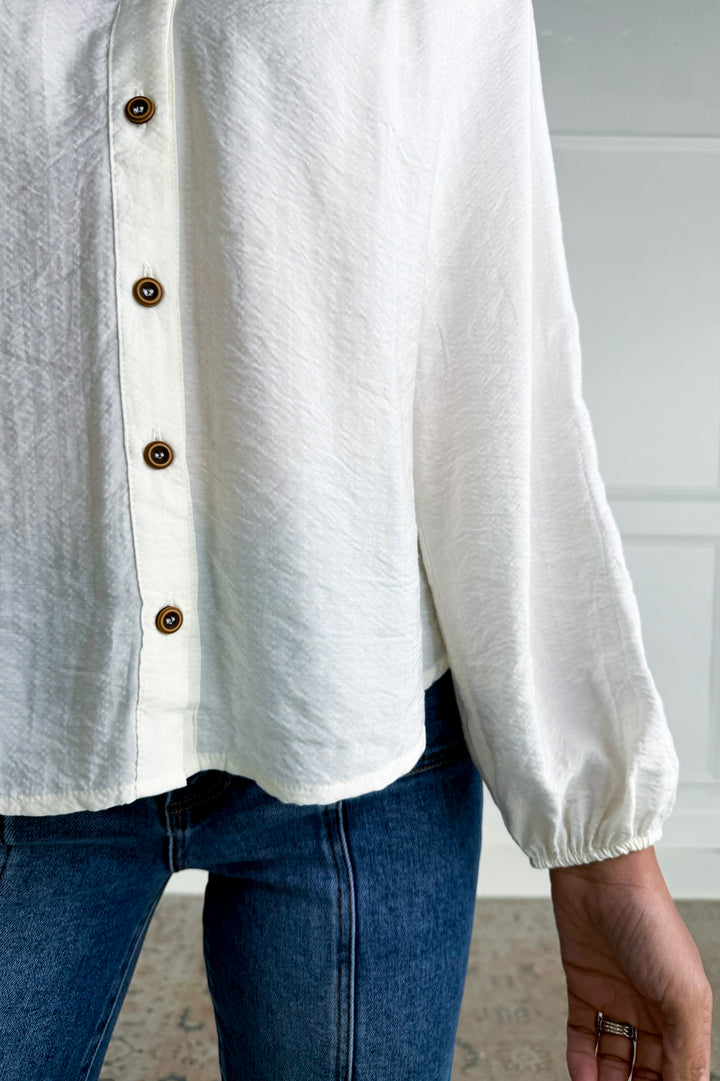 Ruffle Neck Button Down Long Sleeve Top