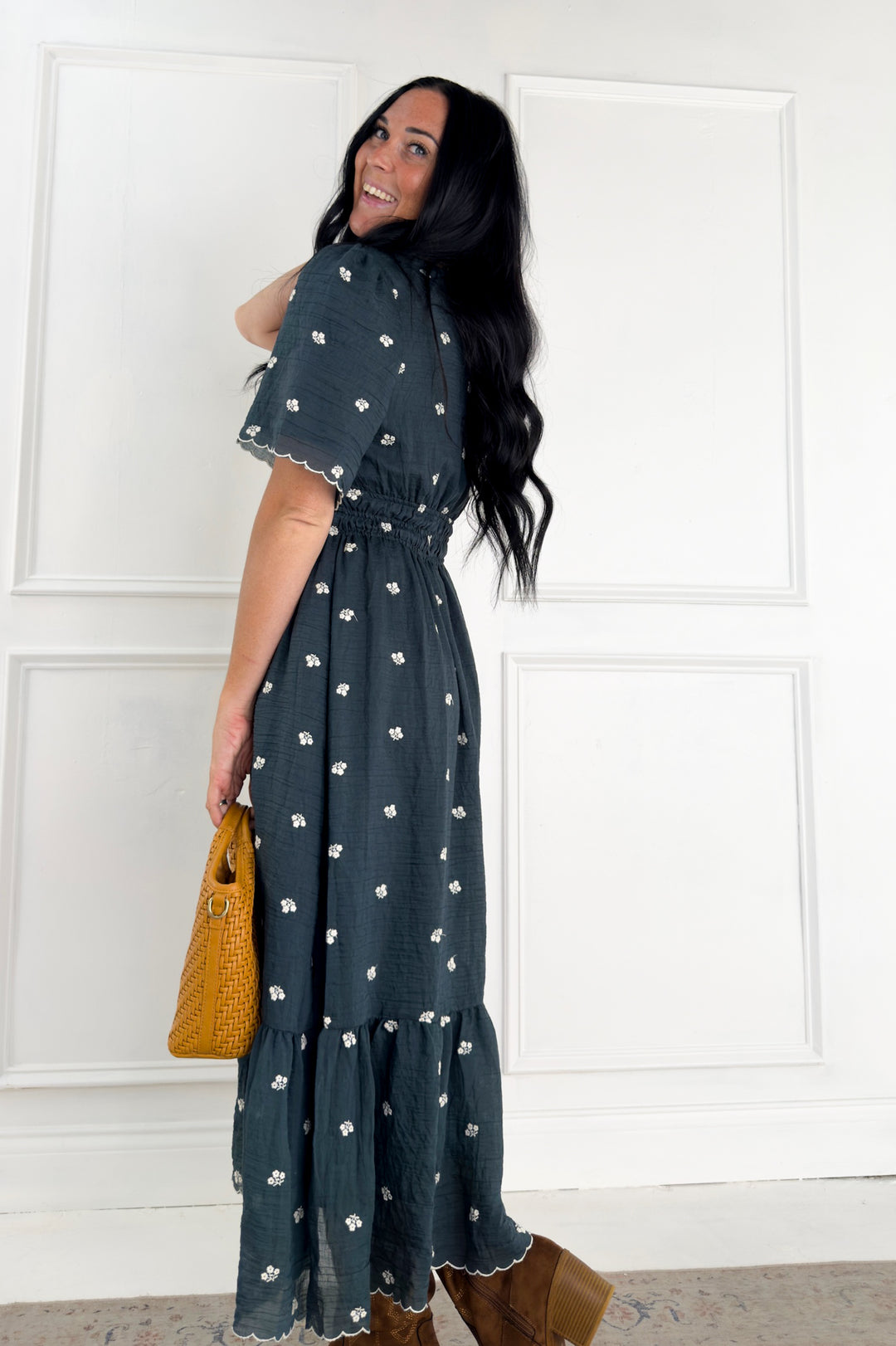 Embroidered Textured Ruffle Hem Midi Dress