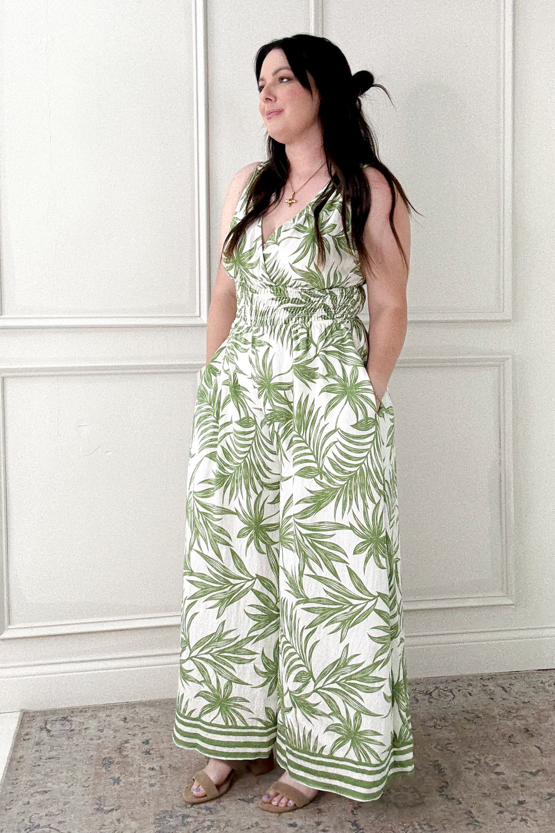 Tropical Print Smocked Waist Jumpsuit