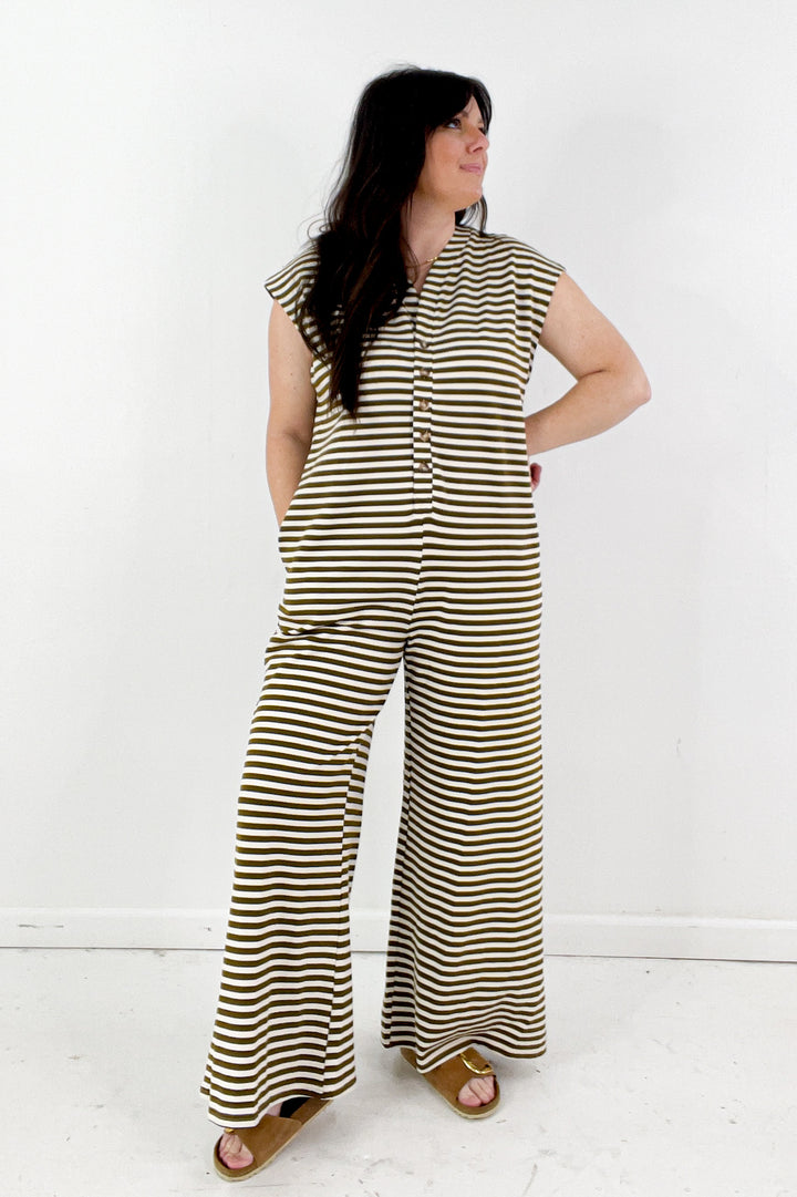 Wide Leg Stripe Button Down Jumpsuit