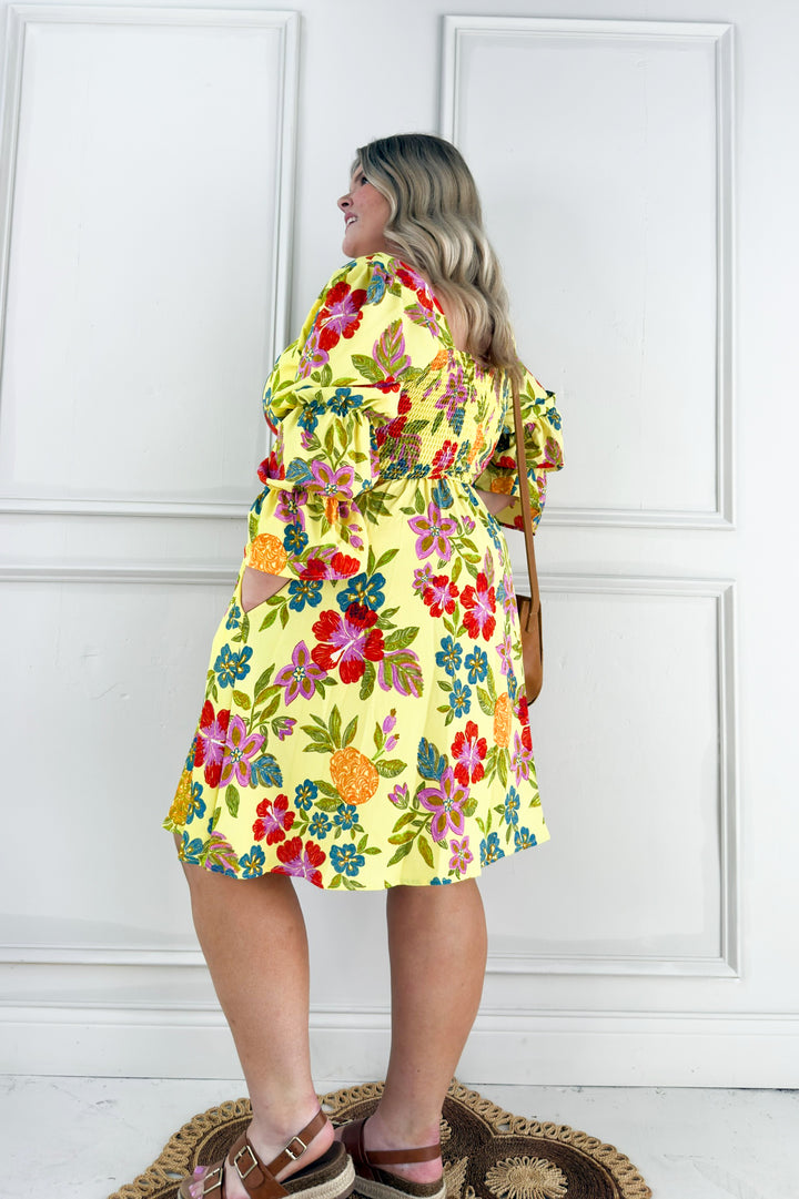 Bold Floral Embroidery Printed Mini Curvy Dress