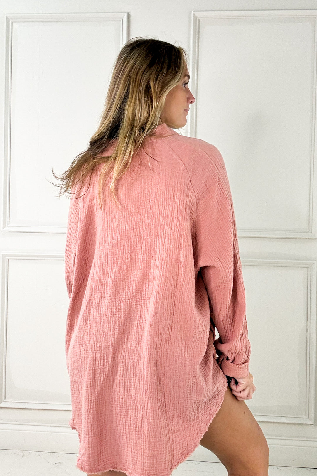 Raw Edge Oversized Button Down Pocket Top