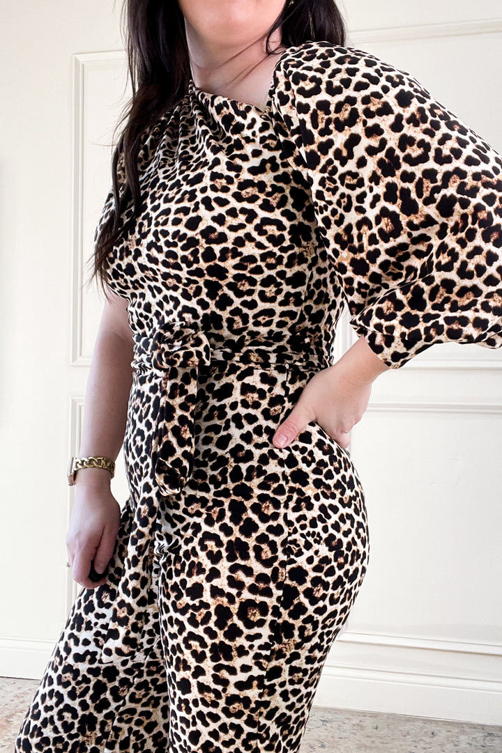 Single Long Sleeve Off Shoulder Leopard Jumpsuit