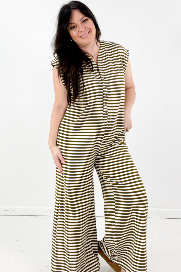 Wide Leg Stripe Button Down Jumpsuit