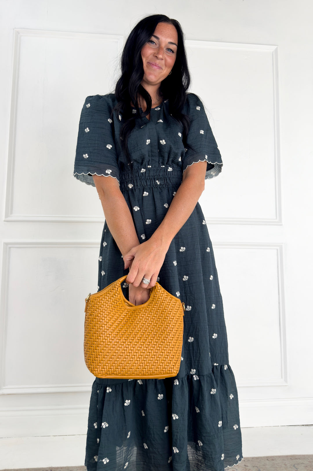 Embroidered Textured Ruffle Hem Midi Dress