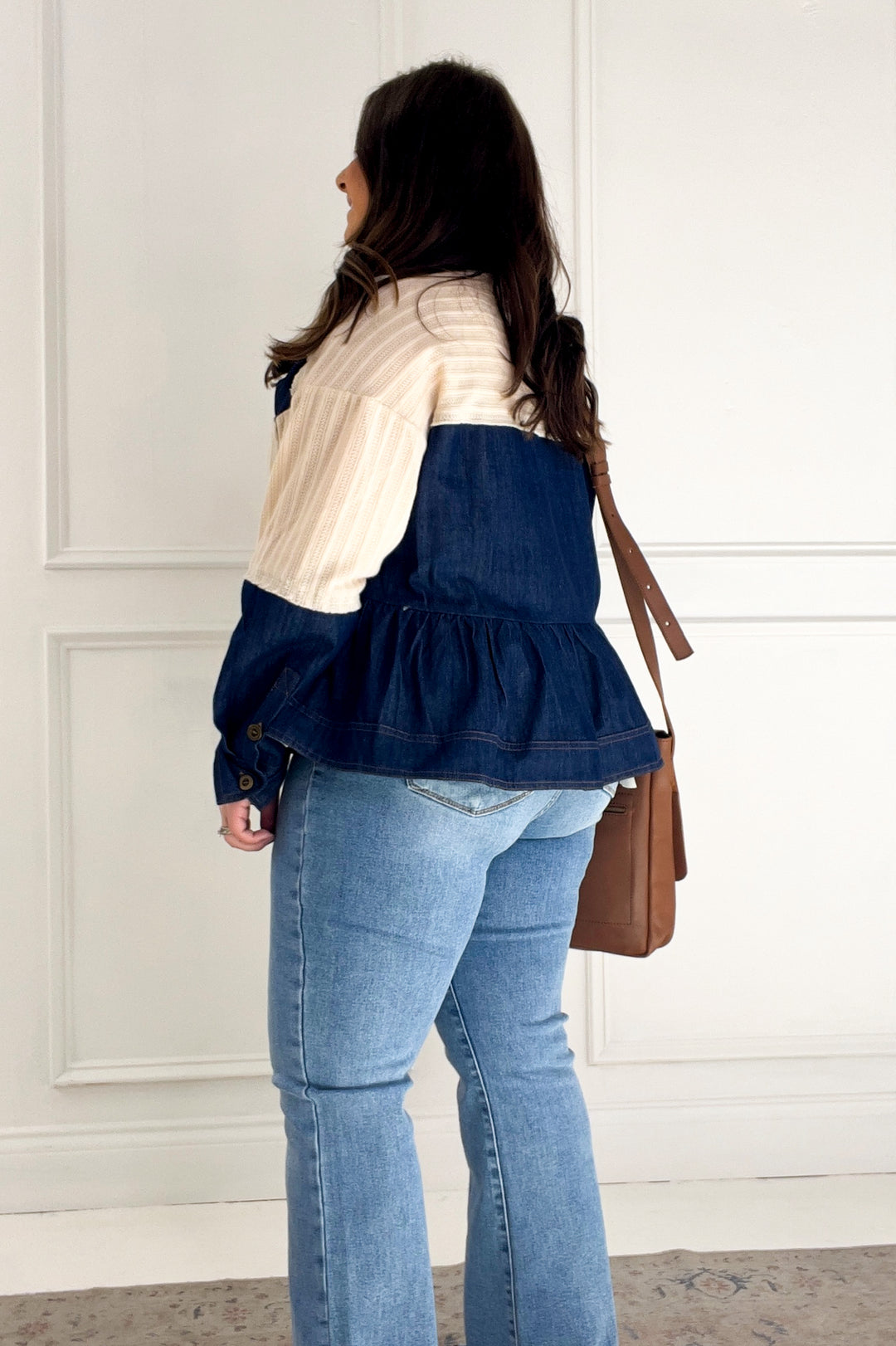 Denim Patchwork Button Down Waffle Knit Top