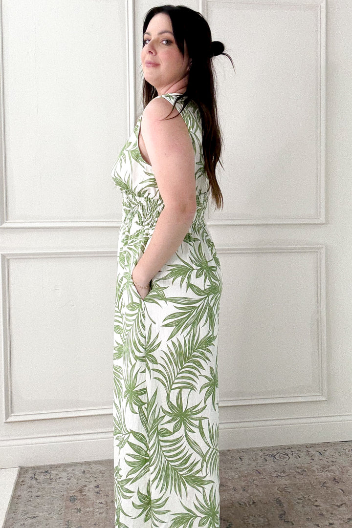 Tropical Print Smocked Waist Jumpsuit