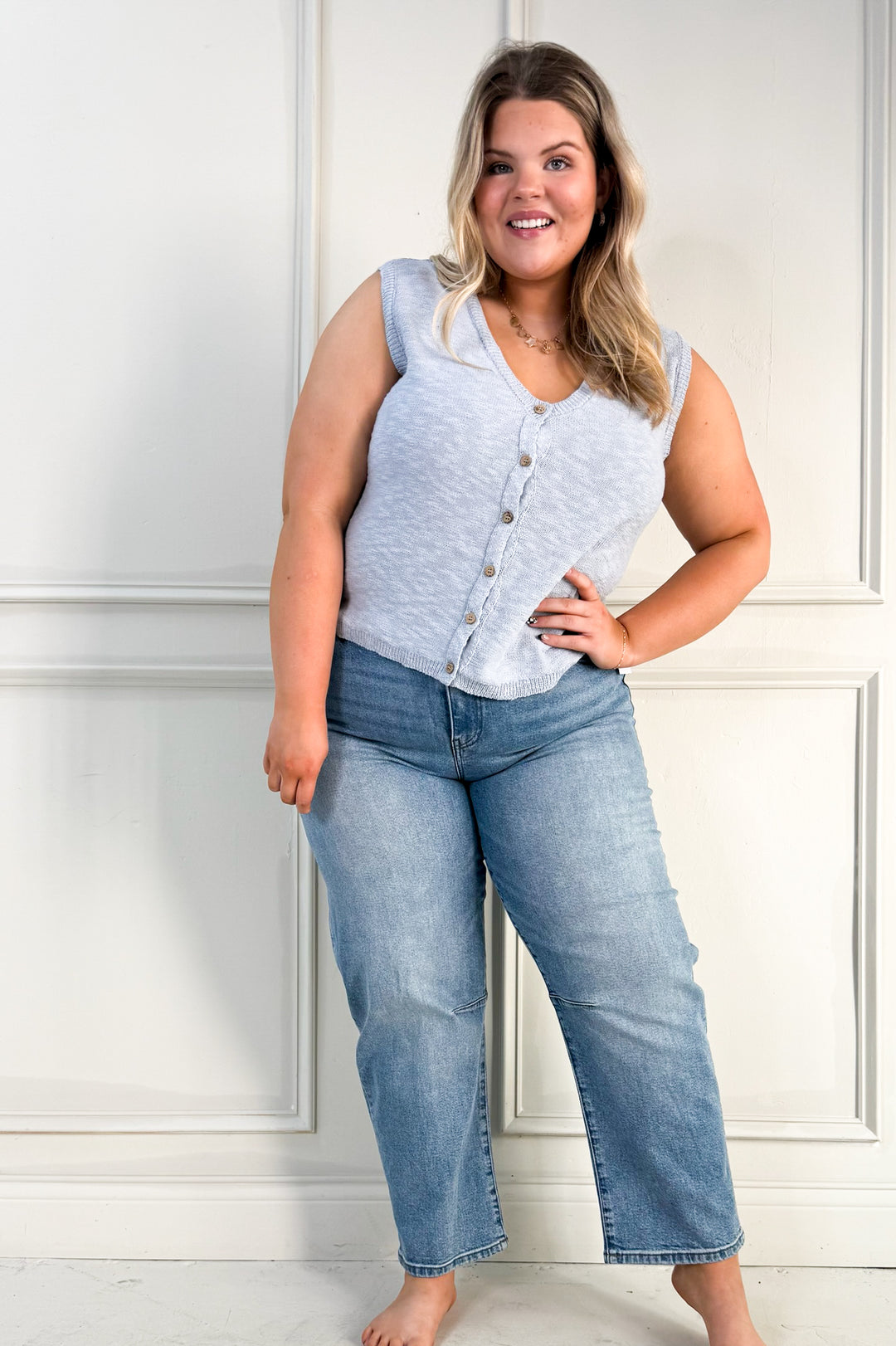 Button Up Slub Knit Sweater Curvy Vest