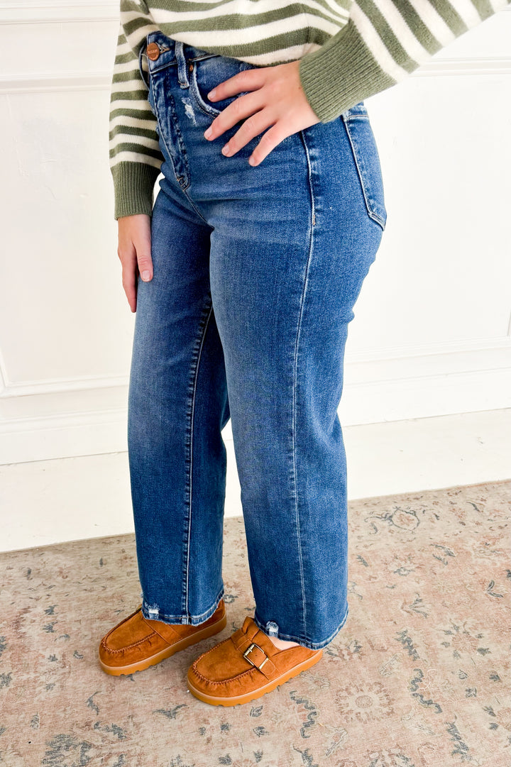 Risen Tummy Control High Rise Crop Wide Jeans