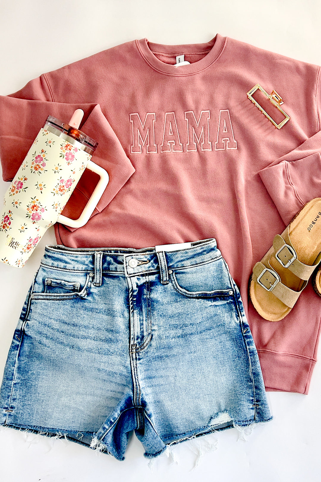 Pink Mama Shirt, shorts, sandals, and bottle