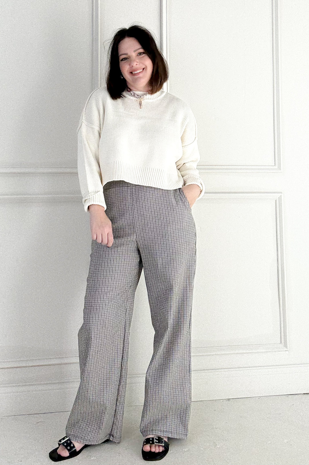 Waist Band Pleated Detail Check Pants