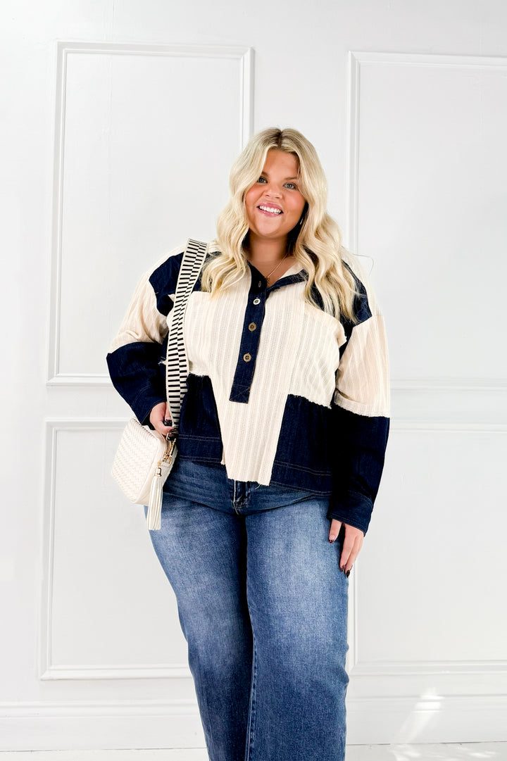 Denim Patchwork Button Down Waffle Knit Curvy Top
