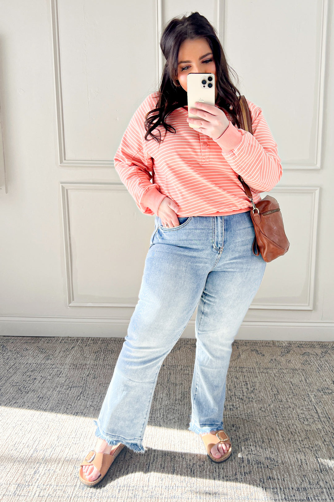 Collared Snap Button Striped Sweatshirt Pullover