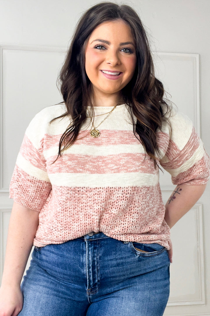 Stripe Color Block Textured Half Sleeve Sweater